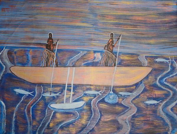 Fishing from Canoes - Acrylic painting on canvas