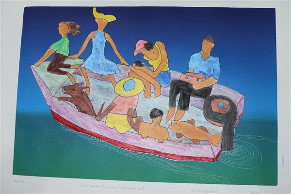 Family Boating their Way to the Homeland - Mono Print and Pencil on paper
