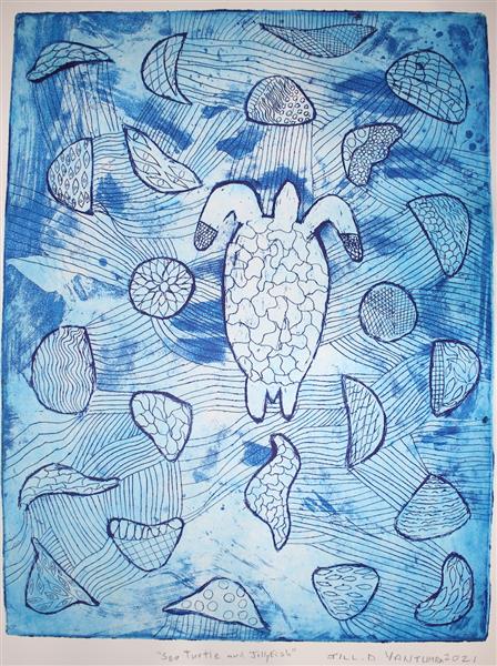 Sea Turtle and Jellyfish - Etching on paper